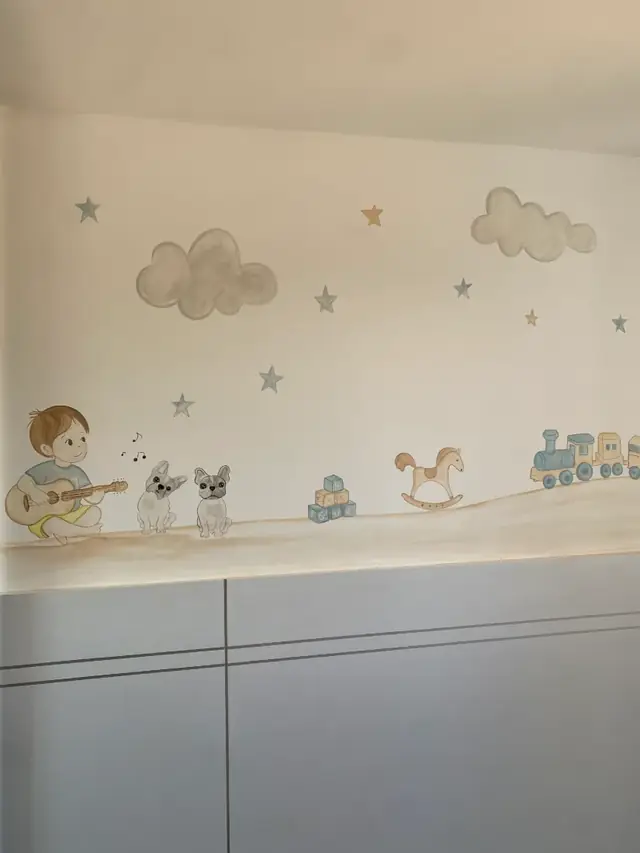 Mural personalizado menino violao buldogues em Goiânia, pintura à mão por Art Laurenn
