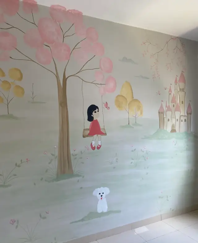 Mural quarto menina castelo balanco cerejeira em Goiânia, pintura à mão por Art Laurenn