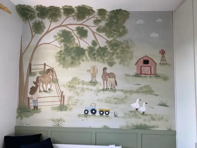Mural quarto menino fazenda cavalos em Goiânia, pintura à mão por Art Laurenn