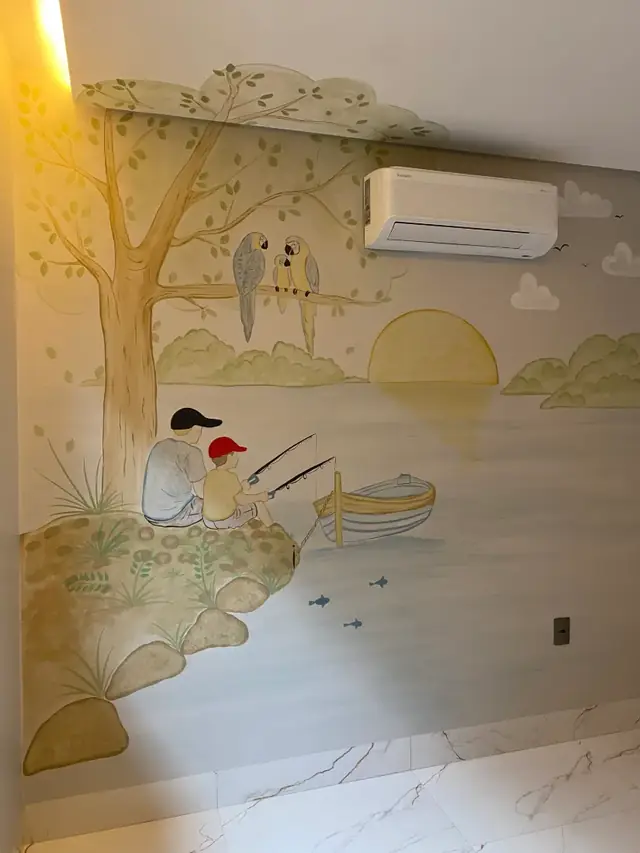 Mural quarto menino pescaria pai e filho em Goiânia, pintura à mão por Art Laurenn