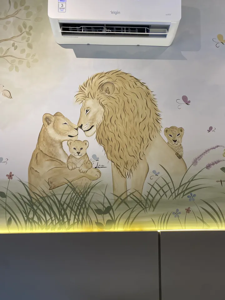 Mural familia de leões quarto bebê em Goiânia, pintura à mão por Art Laurenn