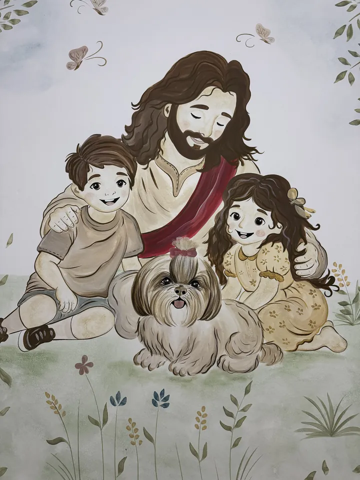 Mural religioso Jesus com crianças e cachorro em Goiânia, pintura à mão por Art Laurenn