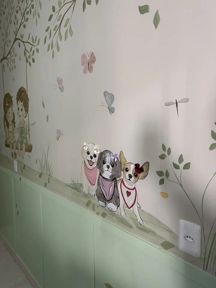Pintura parede cachorrinhos quarto infantil em Goiânia, pintura à mão por Art Laurenn