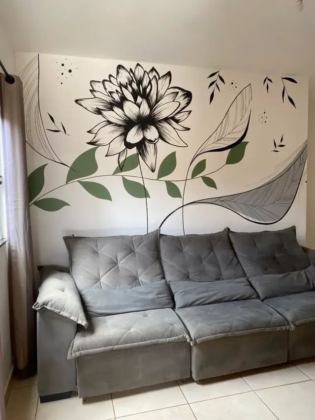 Pintura organica flor line art sala de estar em Goiânia, pintura à mão por Art Laurenn